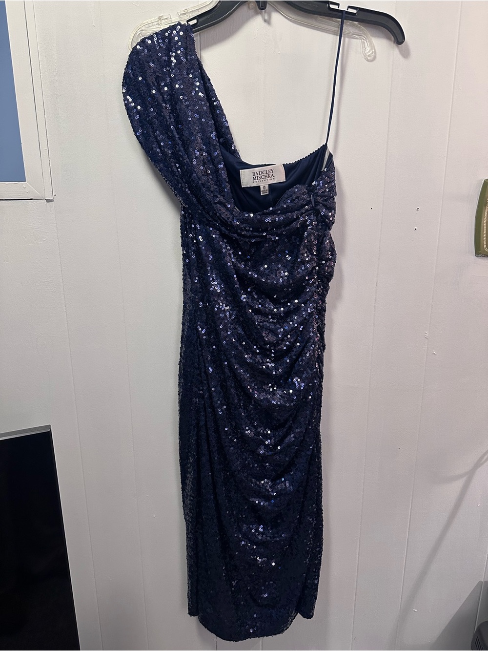 Badgley Mischka Navy One-Shoulder Sequin Cocktail Dress